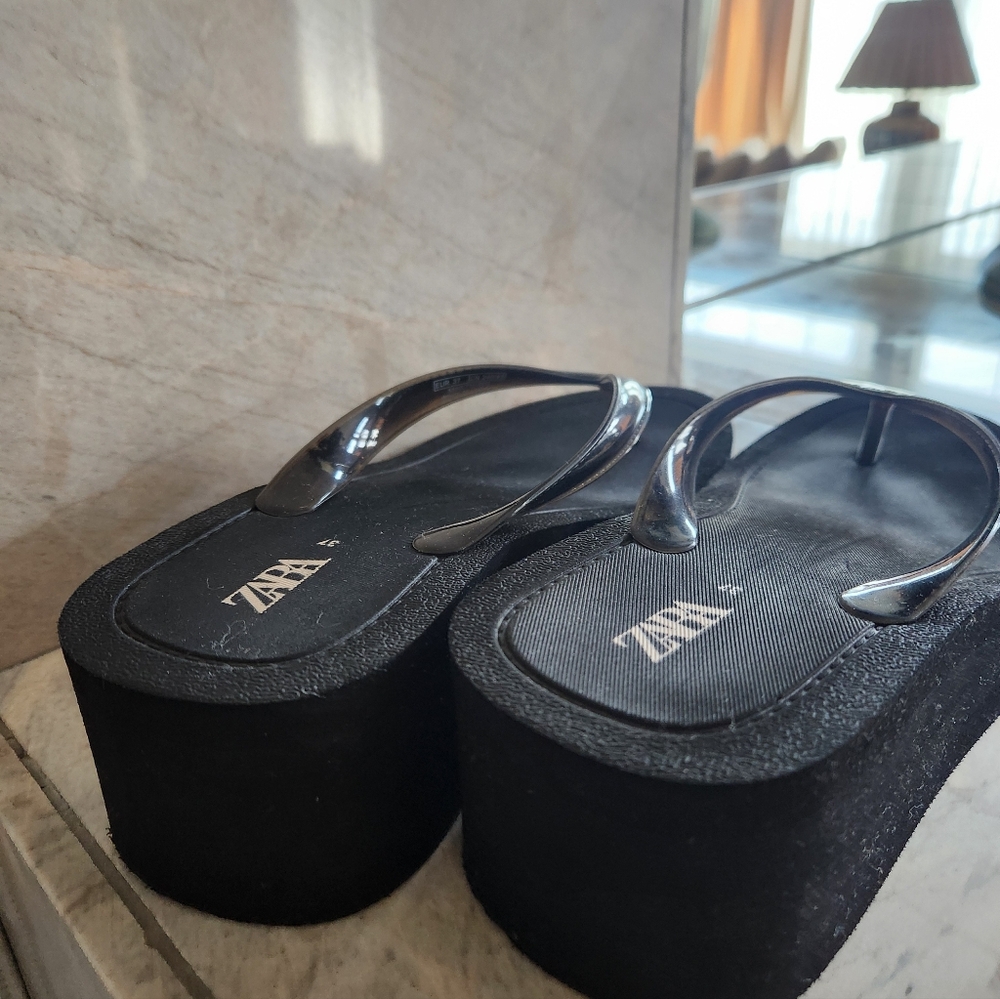 ZARA Platform Sandals Flip Flop Wedge Black 37 - Picture 8 of 11